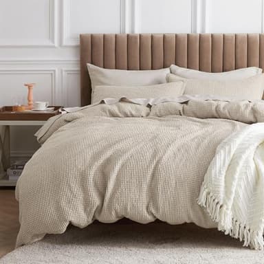 Bedsure Cotton Duvet Cover Set - 100% Cotton Waffle Weave Beige Duvet Cover Oversized Queen Size, GentleSoft™ and Breathable Bedding Set for All Season, 3 Pieces, 98"x98" - Image 1