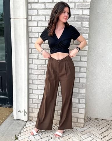 GRAPENT Flowy Pants High Waisted Wide Leg Trousers Womens Slacks Elastic Waist With Pockets Wide Leg Pants Brown Pants Old Money Aesthetic Clothing Women Color Chocolate Brown Size Small Size 4 Size 6 - Image 7