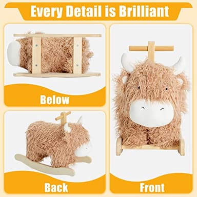 Baby Rocking Horse for 1 Year Old,Wooden Cow/Yak Horse Rocking with Wicker Plush Wooden Ride On Toy for 2 Years Old Girl&Boy Nursery Birthday Gift - Image 3