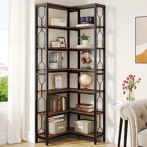 Tribesigns Corner Shelf, 7-Tier Industrial Corner Bookshelf, Wood and Metal Etagere Bookcase, Freestanding Display Shelf for Living Room, Kitchen, Home Office, Rustic Brown - Image 1