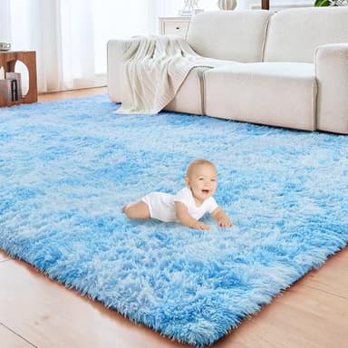 OPPODREAM Area Rugs 9x12 for Living Room, Ultra Soft Nursery Rugs for Bedrooms, 9 x 12 Fluffy Kids Carpet with 0.4" Thick Non-Slip Backing, Long Pile Shag Carpet, Fuzzy, Large, Tie-dye Sky Blue - Image 1