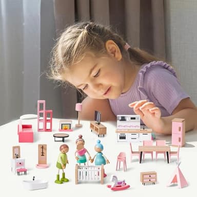 Giant bean 36pcs Wooden Dollhouse Furniture Set with Dolls for 5 Rooms, Wood & Plastic Pink Dollhouse Accessories Pretend Play Furniture Toy Christmas Birthday Gift Toy for Kids Boys Girls Toddler 3+ - Image 2
