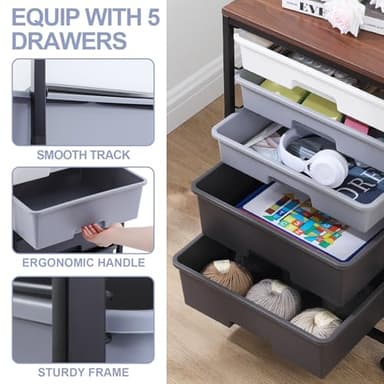SYKIARIOL Utility Cart with 5 Drawers,Storage Drawer Cart with Wooden Tabletop and Lockable Wheels,Craft Storage Trolley Cart,5-Tier Rolling Utility Cart on Wheels,Dark Grey - Image 4