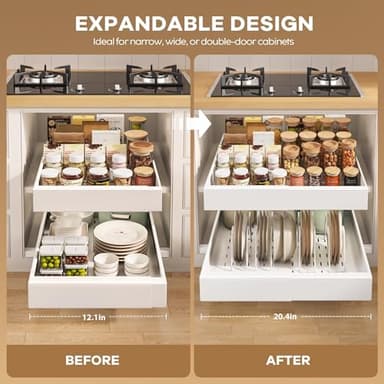 Seinloes 4 Pack Pull out Cabinet Organizer 21"Deep with Raising Pad for Framed Cabinets, Expandable Slide out Drawers for Kitchen Cabinets with 4pcs Divider Racks, Roll out Shelves 12.1"-20.4" W White - Image 3