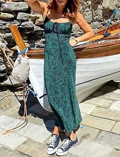 Omoone Womens Floral Dress Low-Cut Square Neck Spaghetti Strap Tie Bodycorn 90s Y2k Sun Dresses (01Green, Medium) - Image 3