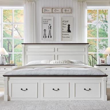 Aitjunz Farmhouse King Size Bed Frame with 51" Tall Headboard, Wood Platform Bed Frame with 20" Tall Roman Column Decoration Footboard & 3 Large Storage Drawers, No Box Spring Needed (White) - Image 3