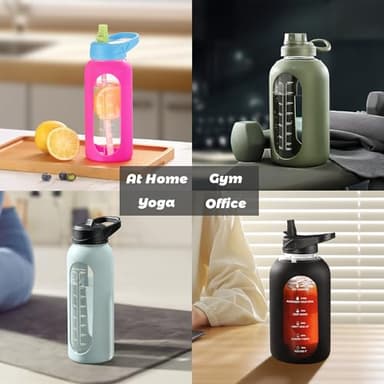 CIVAGO 32 oz Glass Water Bottle with Straw and Handle, Large Sports Motivational Water Bottle Flask with Time Marker and 2 Lids, Leakproof Water Jug Canteen with Silicone Sleeve for Gym, Sage - Image 7