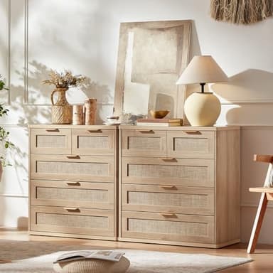 LEYAOYAO Rattan Dresser for Bedroom, 33.5" Tall Chest of Drawers, Modern 5 Drawers Boho Dressers with Storage, Light Oak Dresser Wooden Closet Organizer for Living Room, Hallway, Natural Wood - Image 2