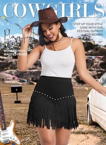 Women Plus Size Fringe Cowgirl Mini Skirt - Western Country Concert Rodeo Outfit High Waisted Tassel Boho Bottoms(Black,4XL,11163Pa) - Image 2