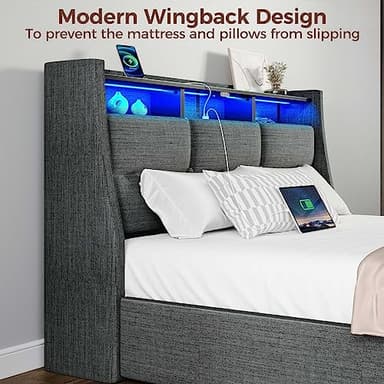 Rolanstar Twin Size Bed Frame with LED Lights and Charging Station, Upholstered Bed Storage Headboard & Drawers, Heavy Duty Wood Slats, Easy Assembly - Image 5