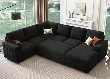 HONBAY Sectional Sleeper Sofa with Pull Out Bed U-Shape Sectional Couch with Storage Chaise 6 Seater Sleeper Sectional Sofa Bed, Velvet Black - Image 8