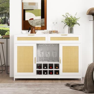 FTZxHKLX 51.2'' Rattan Coffee Bar Cabinet with Drawers and Storage, Boho Sideboard Buffet Cabinet with LED Lights, Wine Liquor Cabinet with Glass Holder and Wine Cellar for Dining Living Room, White - Image 3