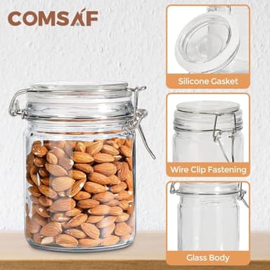 ComSaf Airtight Glass Canister with Lid Set of 6, 25oz Food Storage Jar, Mason Jars, Storage Container with Seal Wire Clamp Fastening for Kitchen Fermenting Preserving Canning Pasta Flour Cereal - Image 4