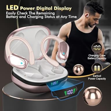 Bcaikair Wireless Earbuds, Sports Bluetooth Headphones, Ear Buds with 80hr Playtime, Noise Canceling, LED Power Display, IPX7 Waterproof Earphones for Workout/Running Rose Gold - Image 7