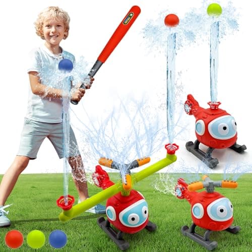 4 in 1 Water Sprinklers T Ball Set for Kids and Toddlers, Baseball Sprinkler for Backyard Helicopter Toy Outdoor Game, Attaches to Garden Hose Summer Yard Pool Water Toy - Image 1