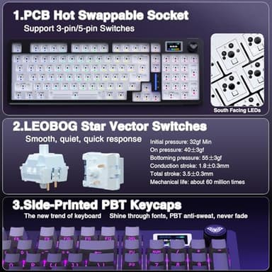 AULA S98 Pro Wireless Mechanical Keyboard with Screen & Knob,2.4GHz/USB-C/BT5.0 Hot Swappable Creamy Keyboard,Pre-lubed Linear Switches,Side Printed PBT Keycaps,RGB Backlit Gaming Keyboards (Renewed) - Image 7