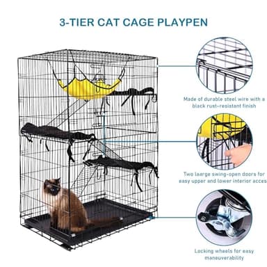 ELEVON 3-Tier Indoor Cat Cage, Large DIY Cat Crate & Cat Kennel with 3 Cat Beds and 2 Front Doors, Metal Fence with Ladder and Hammock, Suitable for Rabbits, Squirrels, Cats to Play and Rest - Image 3
