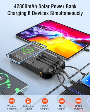 Sudrov Solar Charger Power Bank, 42800mAh Wireless Portable Charger with USB-C in/Output, QC3.0 Fast Charging 15W 4 Ports Outdoor Battery Pack Built-in Dual Led Flashlights for iPhone Samsung etc - Image 2
