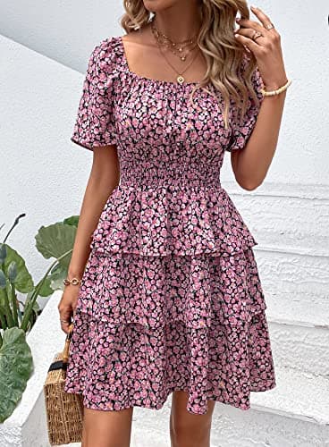 PRETTYGARDEN Women's 2025 Floral Summer Short Dress Square Neck Short Sleeve Tiered Ruffle Boho Swing Dresses (Black Pink Floral,Medium) - Image 4