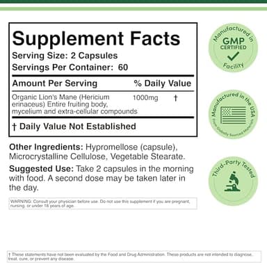 Organic Lions Mane Mushroom Capsules (120 Count), for Focus Support and Immune Health, Third Party Tested and Grown in The USA - by Double Wood - Image 2