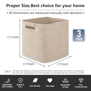 OIAHOMY Storage Cubes 11 Inch Storage Bins-3-Pack, Cotton Rope Woven Baskets for Organizing, Square Storage Baskets for Shelves Organizer, Classroom, Kids Toy Bins, Closet, Baby Nursery-Brown - Image 3