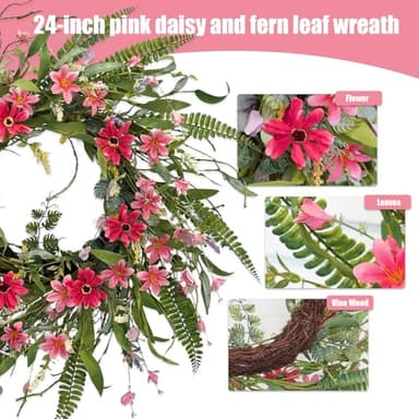 24" Artificial Spring Wreaths for Front Door, Handmade Pink Daisy Flower, Summer Large Wreath for Festival Wall Window Porch Patio Garden Farmhouse Decor - Image 2