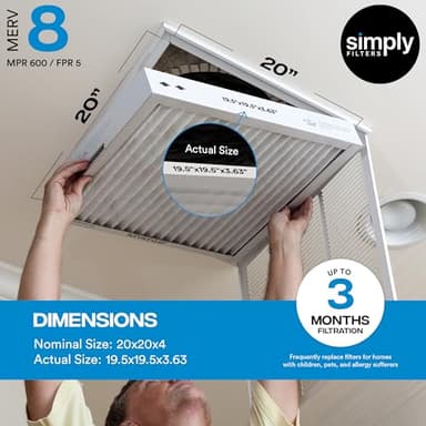 Simply 20x20x4 Air Filter, MERV 8, MPR 600, 6 Pack, Furnace Air Filter for HVAC (Actual Size:19.5"x19.5"x3.63") DUST, Pet, & Allergy Control - Image 3