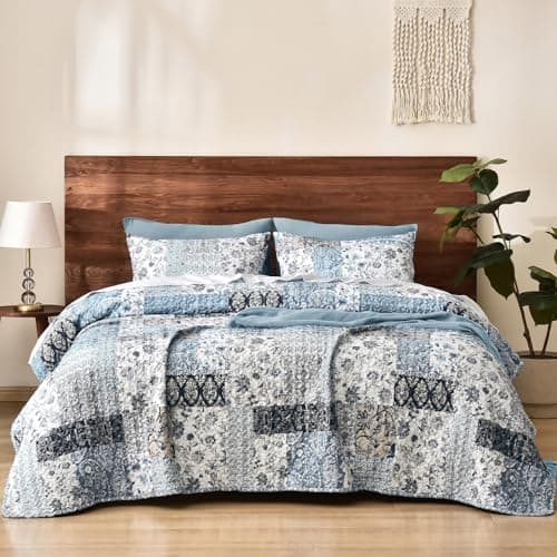 PHF Floral Patchwork Quilt Set Queen Size, 3 Pieces Reversible Lightweight Quilted Bespread for All Season, Ultra Soft Boho Coverlet Bedding Set 90" x 96"with 2 Pillow Shams, Blue - Image 1