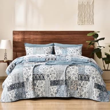 PHF Floral Patchwork Quilt Set Queen Size, 3 Pieces Reversible Lightweight Quilted Bespread for All Season, Ultra Soft Boho Coverlet Bedding Set 90" x 96"with 2 Pillow Shams, Blue - Image 1