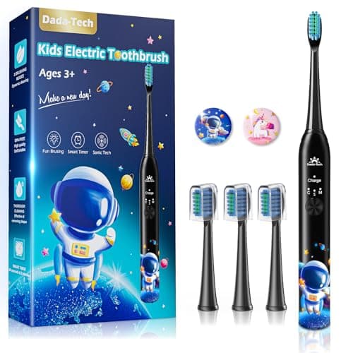 Kids Electric Toothbrush Rechargeable Age 3-5-6-12-18 Year Old, Sonic Toothbrush Kids with Timer 3 Modes 4 Vibrating Heads Habit Stickers Tooth Brush for Girls Boys and Childrens (Astronaut Black) - Image 1