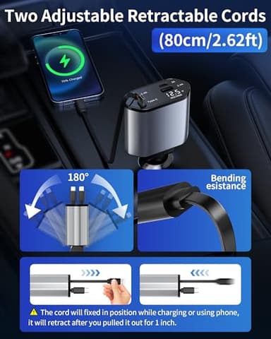 Retractable Car Charger, 4 in 1 Fast Charging Car Charger USB-C & USB-A Compatible with iPhone 16/15/14/13/12/11,Galaxy,Pixel - Image 2