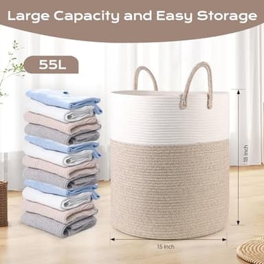 HOBASKET Cotton Rope Hamper for Girls Kids Baby Nursery Hamper Bin Woven Storage Basket for Living Room cute laundry basket Tall Laundry Basket for Blanket Toy storage bin(Beige) - Image 2