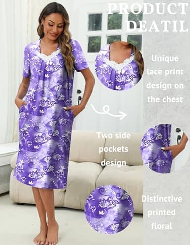 Ekouaer Nightgowns for Women House Dress Nightgown with Pockets Mumu Dress Floral Purple XXL - Image 6
