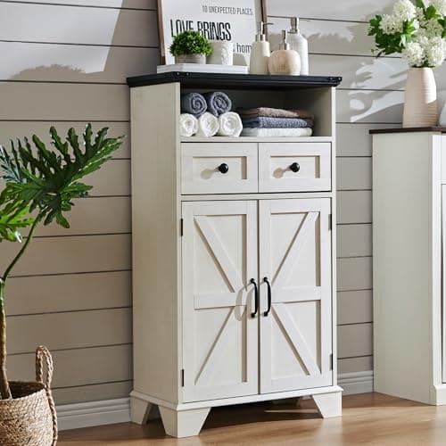 ACCOHOHO Bathroom Floor Cabinet, Farmhouse Storage Cabinet, 24" Wide Cabinet with Drawer, Adjustable Shelf, Barn Doors, Cabinets for Bathroom, Kitchen, Living Room, Off White - Image 1