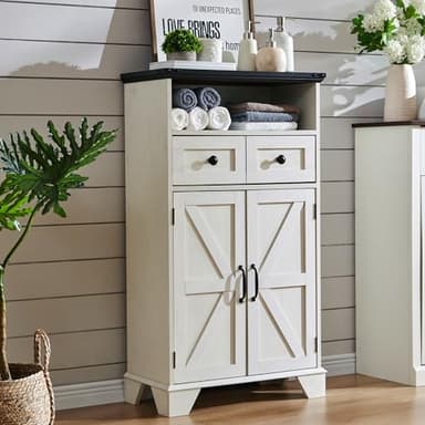 ACCOHOHO Bathroom Floor Cabinet, Farmhouse Storage Cabinet, 24" Wide Cabinet with Drawer, Adjustable Shelf, Barn Doors, Cabinets for Bathroom, Kitchen, Living Room, Off White - Image 1