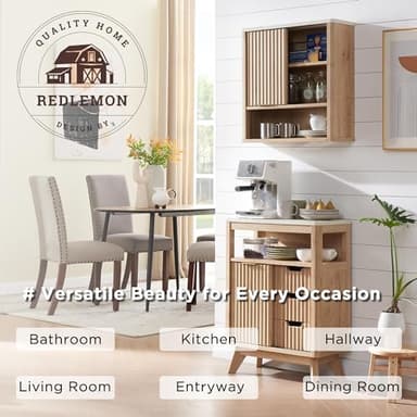 RedLemon Bathroom Wall Cabinet w/Fluted Sliding Door, Modern Medicine Cabinet w/Faux Marble Top & Adjustable Shelf, Curved Profile Wall Mounted Storage Organizer, Natural Oak Color - Image 5