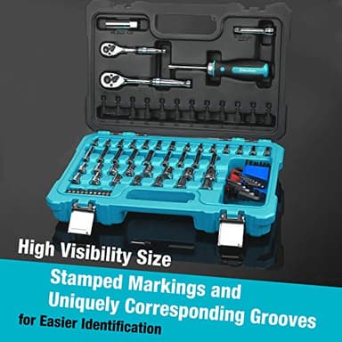 DURATECH 93 Piece Mechanics Tool Set, SAE/Metric Drive Socket Set(1/4 Inch and 3/8 Inch) with Ratchet handle Spark Plug Magnetic bit driver and Tool Accessories Set - Image 5