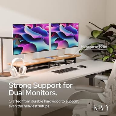 KIVY Dual Monitor Riser with Integrated Metal Shelf - Wooden desk shelf for top of desk - Wood monitor stand for desk 2 monitors / tv - Dual monitor stand riser for desk - Large walnut monitor stand - Image 6