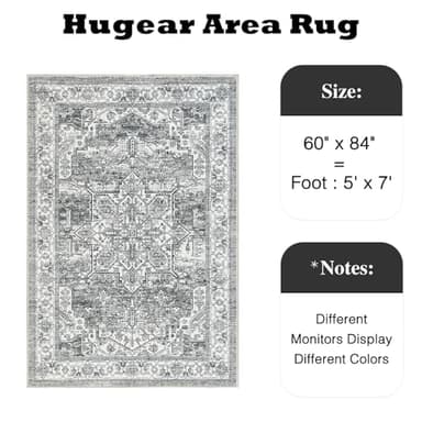 HUGEAR 5x7 Area Rug - Vintage Machine Washable Grey Chenille Print Rug - Lightweight Low Pile Carpet Throw for Living Room, Bedroom, Office, Dining Room, Kitchen, Laundry - Non Slip - Image 2