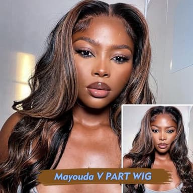 Mayouda Long V Part Body Wavy Wig With Black With Highlight Brown Upgrade U Part Synthetic Water Wavy Wigs for Black Women Full Head Clip In Hair Glueless Synthetic Wigs (Black Mix Brown) - Image 5