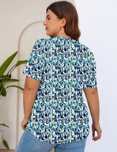 Kistore Women's Plus Size Short Sleeve Crew Neck Pleated Shirts Relaxed Fit Cute Summer Floral Tops Blouses Blue 5XL - Image 3