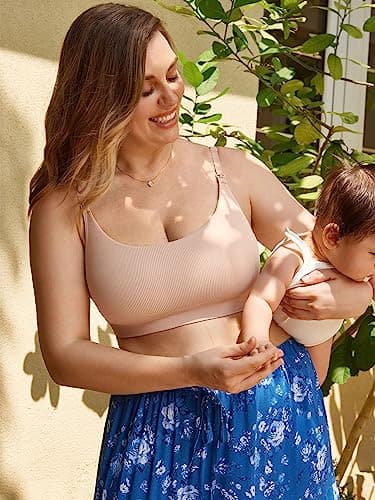 MOMANDA Ribbed Nursing Bras for Breastfeeding Support Maternity Sports Bra Wireless Seamless Sleep Bralettes Beige Medium - Image 2