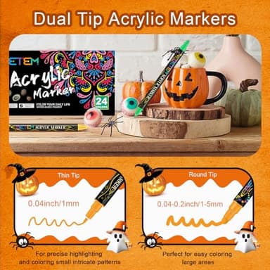 Betem 24 Colors Dual Tip Acrylic Paint Pens Markers, Premium Acrylic Paint Pens for Halloween Decorations, Wood, Canvas, Stone, Rock Painting, Glass, Ceramic Surfaces, Pumpkin Painting Kit DIY Crafts - Image 2