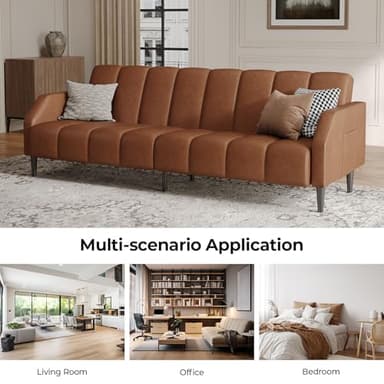 Fadware Faux Leather Couch, Convertible Futon Sofa Bed with Adjustable Backrest, Mid Century Leather Sofa Loveseat with Side Pockets& Metal Leg, Modern Leather Sleeper Sofa for Living Room Bedroom - Image 5