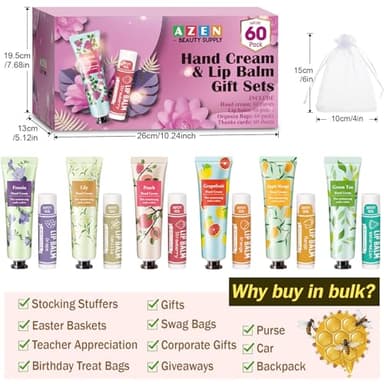 AZEN 60 Sets Bulk Gifts, Hand Cream and Lip Balm Bulk Set with Organza Bag Thank You Card, Baby Shower Wedding Gifts for Guests, Bridal Wedding Favors for Guests,Thank You Gifts for Women - Image 6