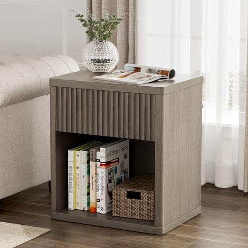 Sunny Heart Night Stand Scandinavian Nightstand with Fluted Drawer Storage End Table Modern Mid Century Wood Bedside Table for Bedroom Sofa Couch Office - Antiqued Brown Oak - Image 1