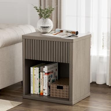 Sunny Heart Night Stand Scandinavian Nightstand with Fluted Drawer Storage End Table Modern Mid Century Wood Bedside Table for Bedroom Sofa Couch Office - Antiqued Brown Oak - Image 1