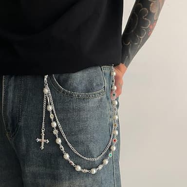 Fashion Layered Pants Wallet Chains - Exquisite Gold Silver Rhinestone Flower Pearl Jean Pocket Chain for Women Men Cute Bag Purse Charms Jewelry (link silver) - Image 4