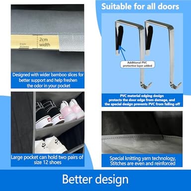 zebricolo shoe organizer,70 Pounds Large Capacity,20-30-Pair over the door shoe organizer,10 Tiers shoe rack for closet,New upgrade Anti-scratch heavy duty hook and Bamboo material Baffle, Black/Grey - Image 4