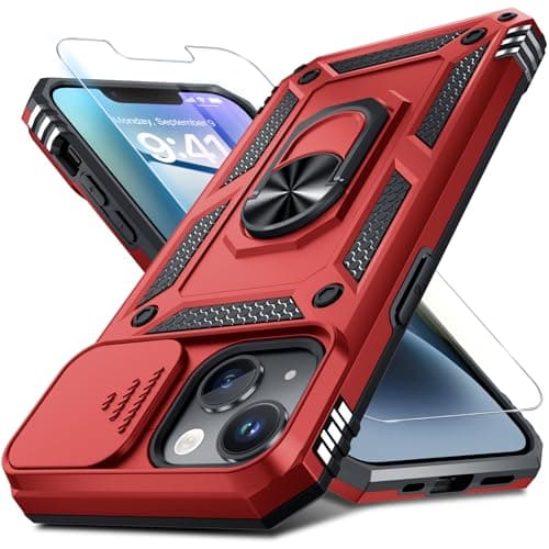 Janmitta Case for iPhone 16e Phone Cover Built in Slide Camera Lens Cover+Screen Protector,Heavy Duty Shockproof Full Body PhoneCase with Finger Ring Holder Kickstand,2025 Red - Image 1